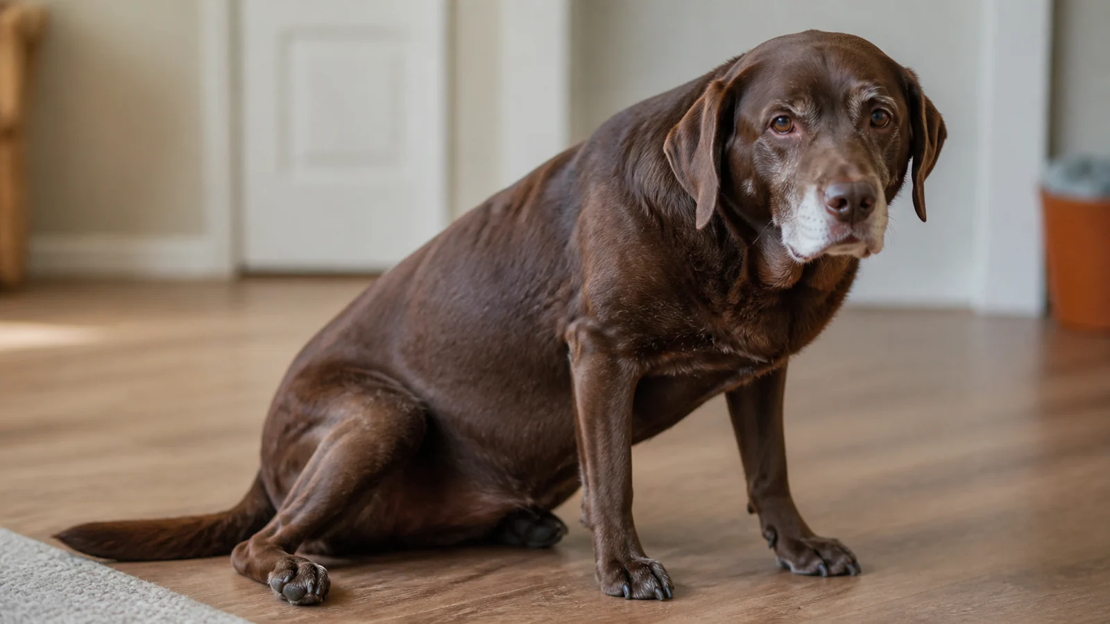 Senior Chocolate Labrador sitting indoors, showing mild signs of hind leg weakness or mobility issues while trying to stand.