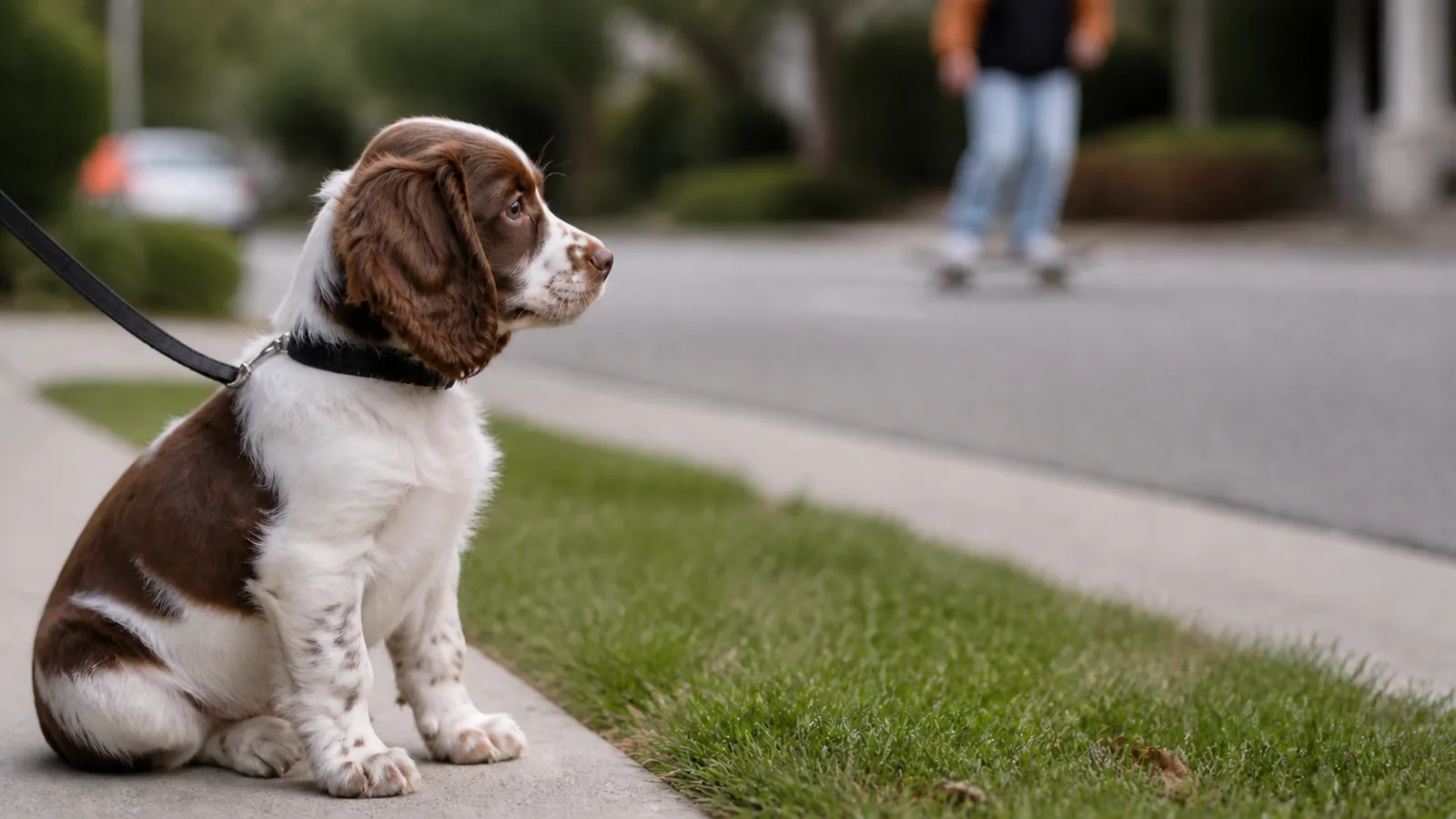 Side view of a Spaniel puppy sitting outdoors, calmly sitting and looking at a kid on a skateboard.