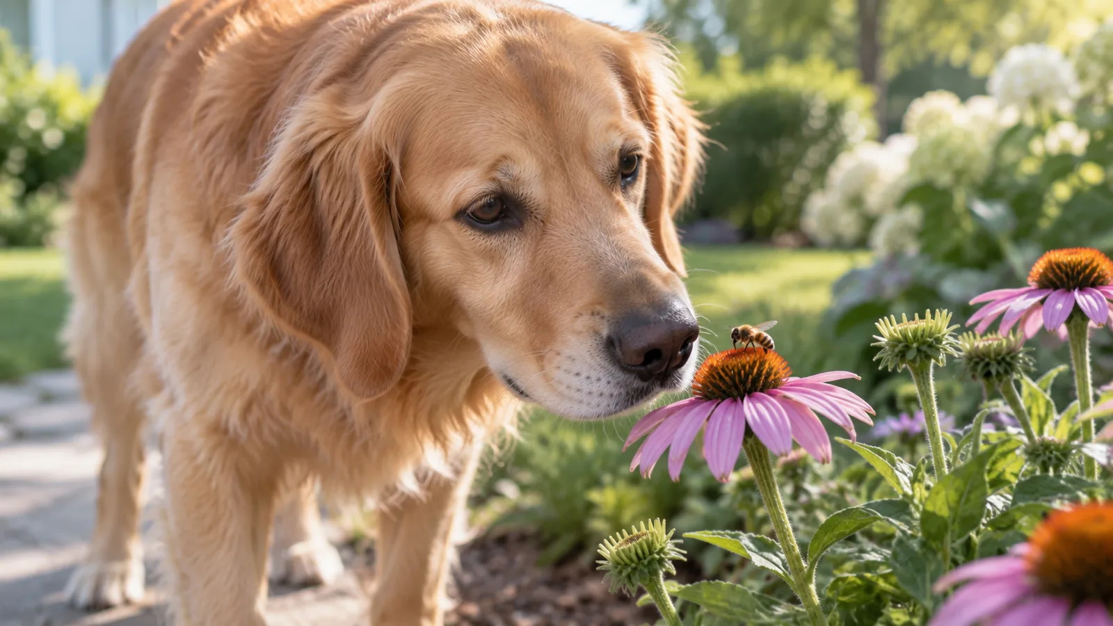 A golden retriever leans in to sniff a pink coneflower with a bee resting on it in a sunny garden.