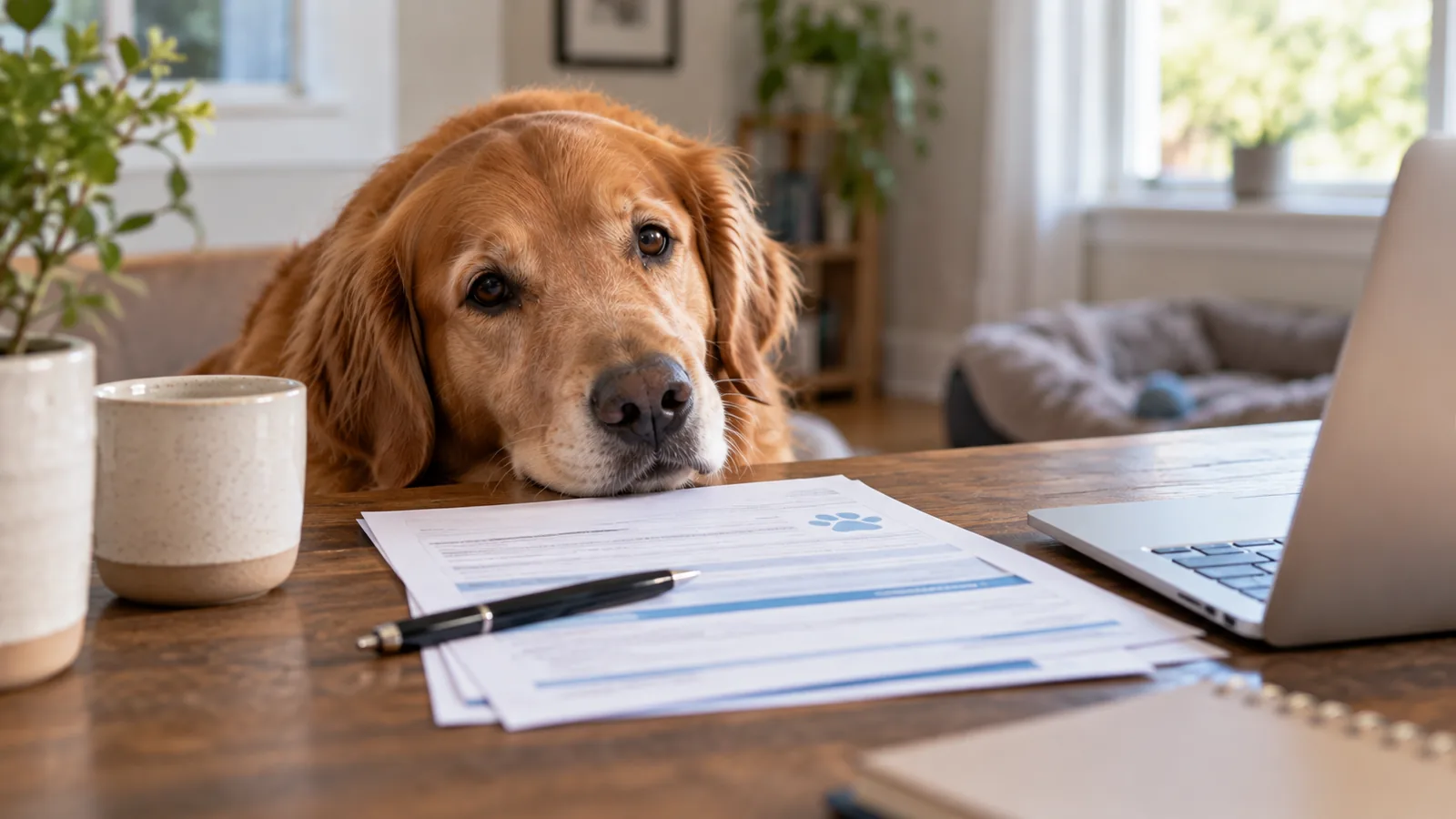 A golden retriever resting its chin on a wooden table beside paperwork, a pen, a mug and a laptop.